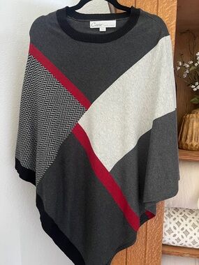 Cuivo Charcoal Colorblock Women's Poncho Sweater with Red and Ivory Accents
